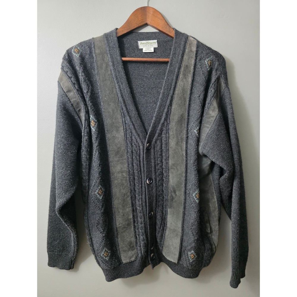 Norm Thompson Mens Gray Merino Wool Leather Suede Panel Cardigan Sweater Italy M